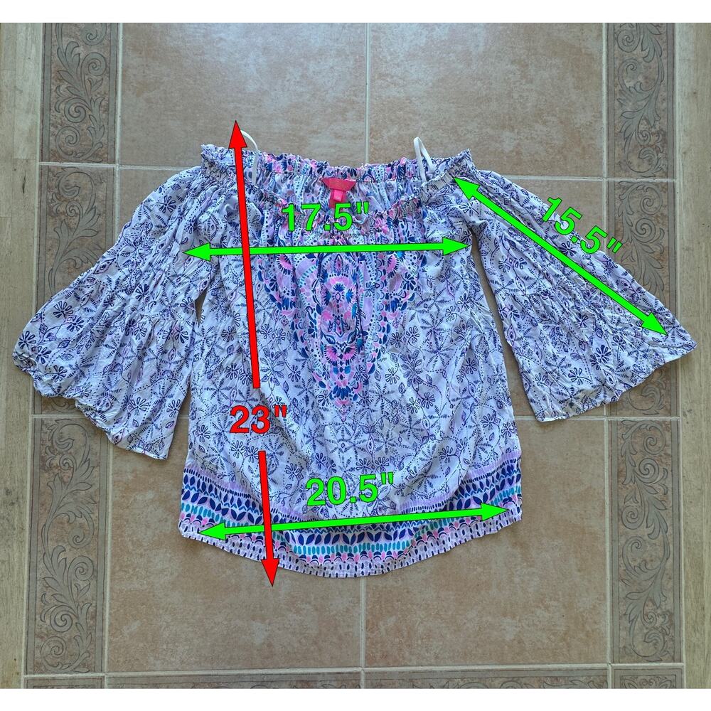Lilly Pulitzer Nevie Off-the-Shoulder Top Women's XS Blue White Bell Sleeve - Picture 2 of 8
